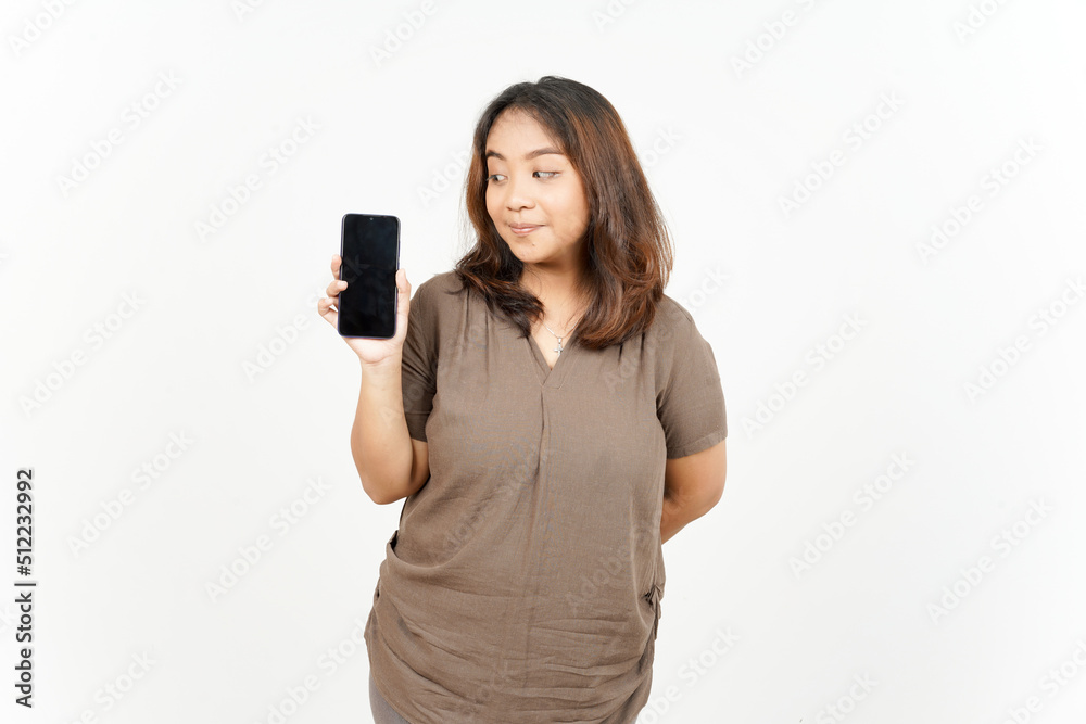 Showing Apps or Ads On Blank Screen Smartphone of Beautiful Asian Woman Isolated On White Background Showing Apps or Ads On Blank Screen Smartphone of Beautiful Asian Woman Isolated On White Background