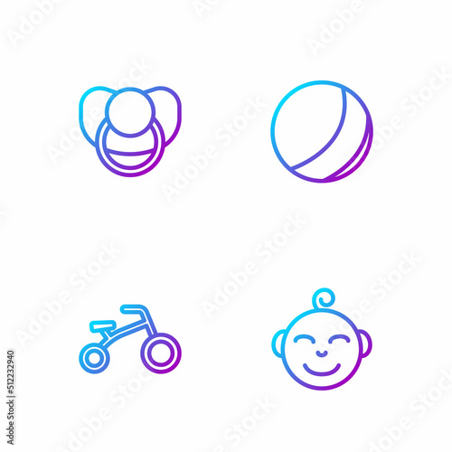 Set line Little boy head, Bicycle for kids, Baby dummy pacifier and Beach ball. Gradient color icons. Vector