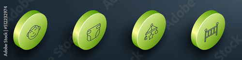 Set Isometric line Little boy head, Baby diaper, crib hanging toys and cradle bed icon. Vector