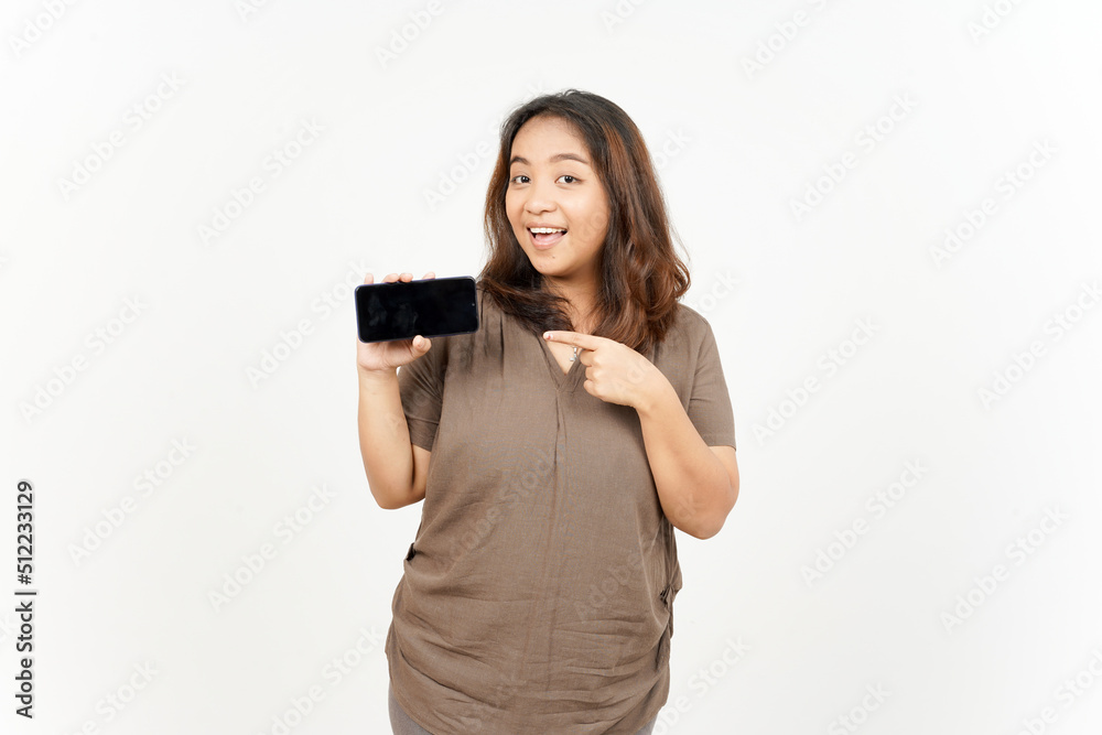 Showing Apps or Ads On Blank Screen Smartphone of Beautiful Asian Woman Isolated On White Background Showing Apps or Ads On Blank Screen Smartphone of Beautiful Asian Woman Isolated On White Background