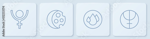 Set line Symbol Pluto, Water drop, Eclipse of the sun and Neptune planet. White square button. Vector