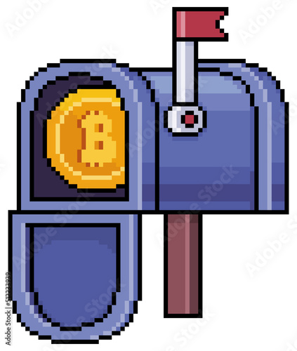 Pixel art mailbox with bitcoin. Cryptocurrency order vector icon for 8bit game on white background
