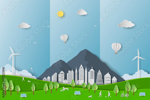 Save nature and environment conservation concept with eco city on paper art background