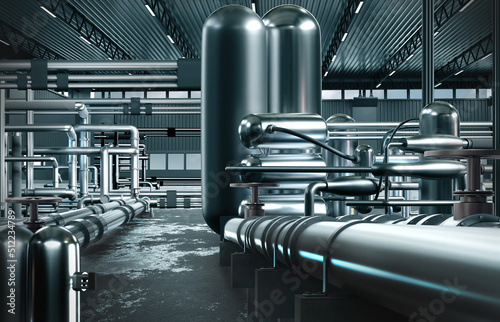Gas compressor station. Distribution system pipes. Hangar with steel pipelines. Processing gas into propane concept. Industrial building with metal boilers. Propane and methane production. 3d image.