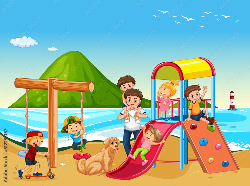 Beach playground with happy children