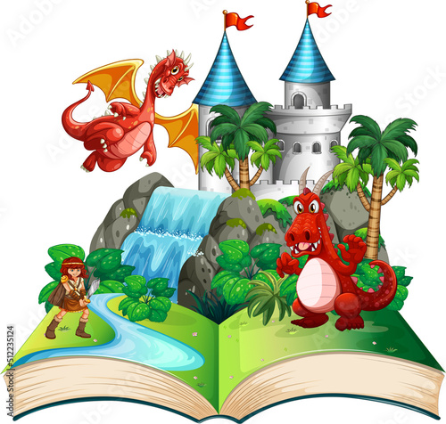 Book with scene of dragon and knight