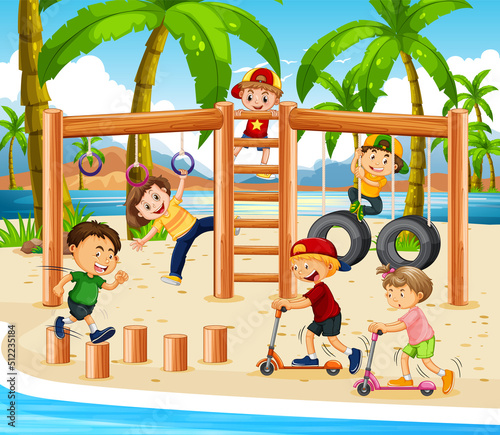 Beach playground with happy children