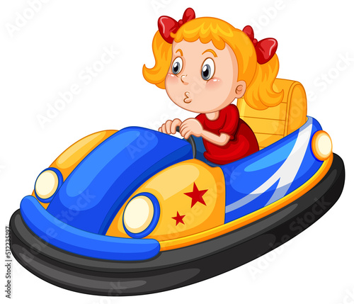 Little girl driving bumper car in cartoon design