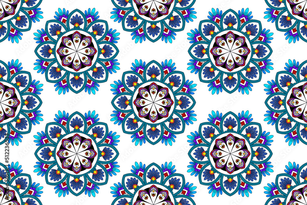 Abstract geometric ethnic mandala seamless pattern design. Aztec fabric carpet mandala ornaments textile decorations wallpaper. Tribal boho native mandalas turkey traditional embroidery vector 