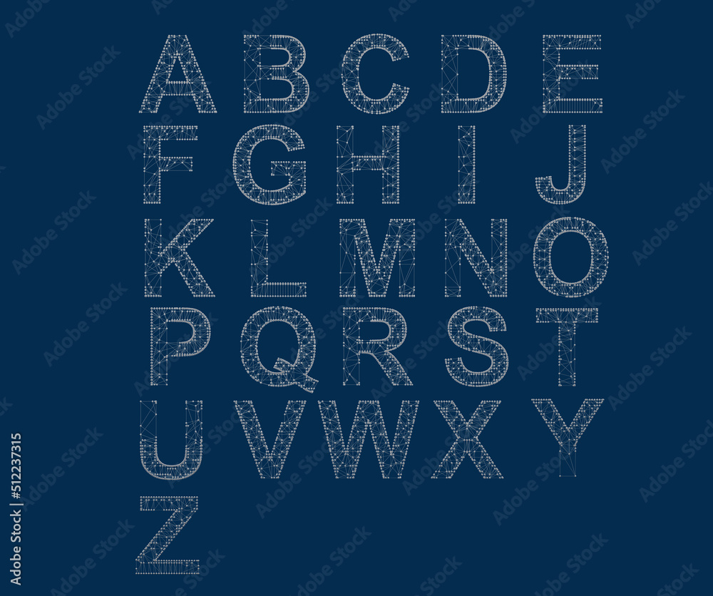 Obraz premium Alphabet Polygon. Font by Triangles. ABC. Isolated Objects on a Blue Background. Thin Overlapping Lines, 3d render