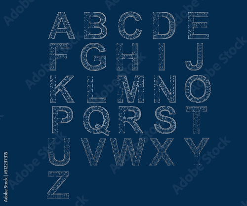 Alphabet Polygon. Font by Triangles. ABC. Isolated Objects on a Blue Background. Thin Overlapping Lines, 3d render