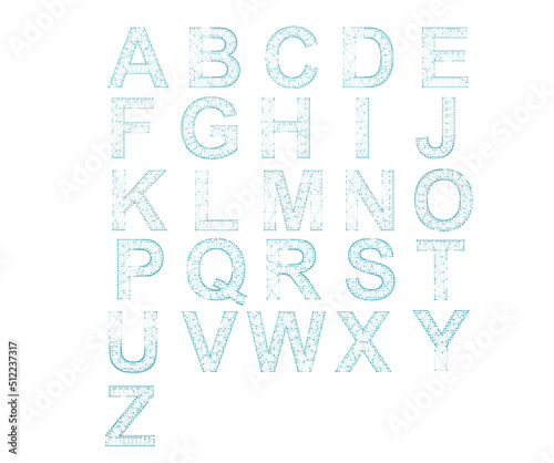 Alphabet Polygon. Font by Triangles. ABC. Isolated Objects on a white Background. Thin Overlapping Lines, 3d render
