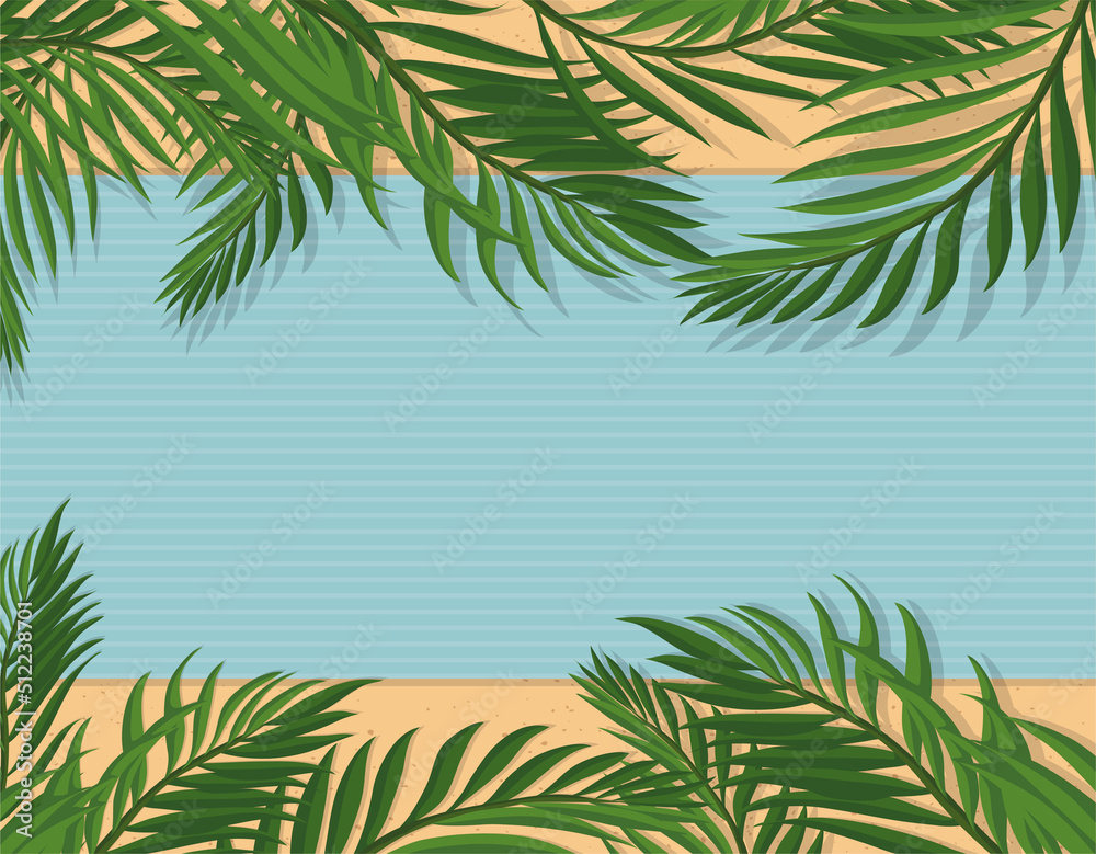 Seasonal top view scene with sand, towel and palm leaves, Vector illustration