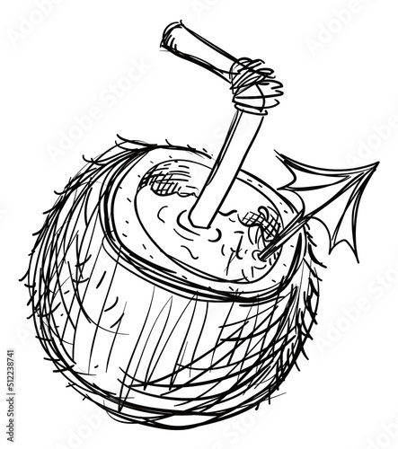 Drawing of beverage in a coconut with umbrella and straw, Vector illustration