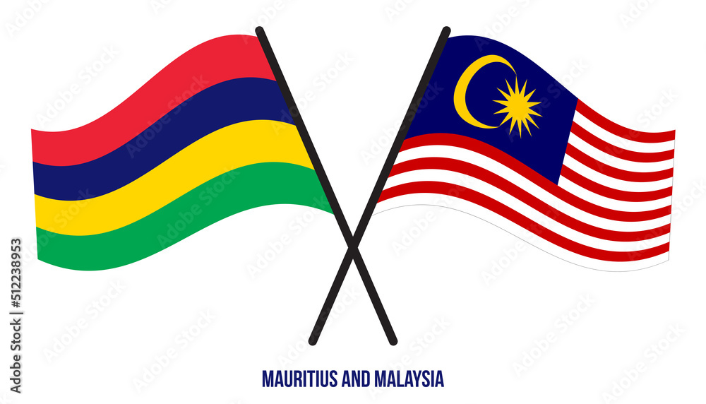 Mauritius and Malaysia Flags Crossed And Waving Flat Style. Official Proportion. Correct Colors.