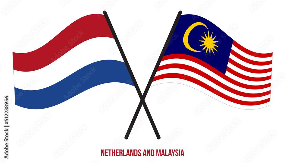 Netherlands and Malaysia Flags Crossed And Waving Flat Style. Official Proportion. Correct Colors.