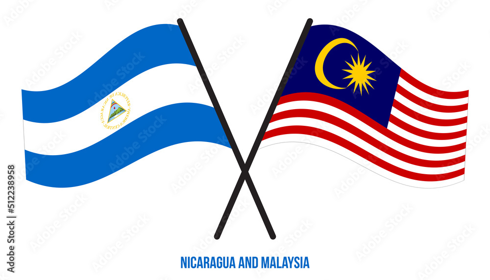 Nicaragua and Malaysia Flags Crossed And Waving Flat Style. Official Proportion. Correct Colors.