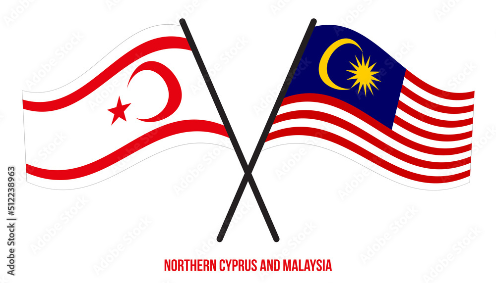 Northern Cyprus and Malaysia Flags Crossed And Waving Flat Style. Official Proportion. Correct Color
