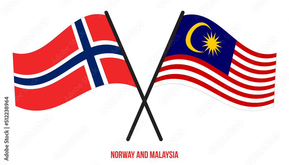 Norway and Malaysia Flags Crossed And Waving Flat Style. Official Proportion. Correct Colors.