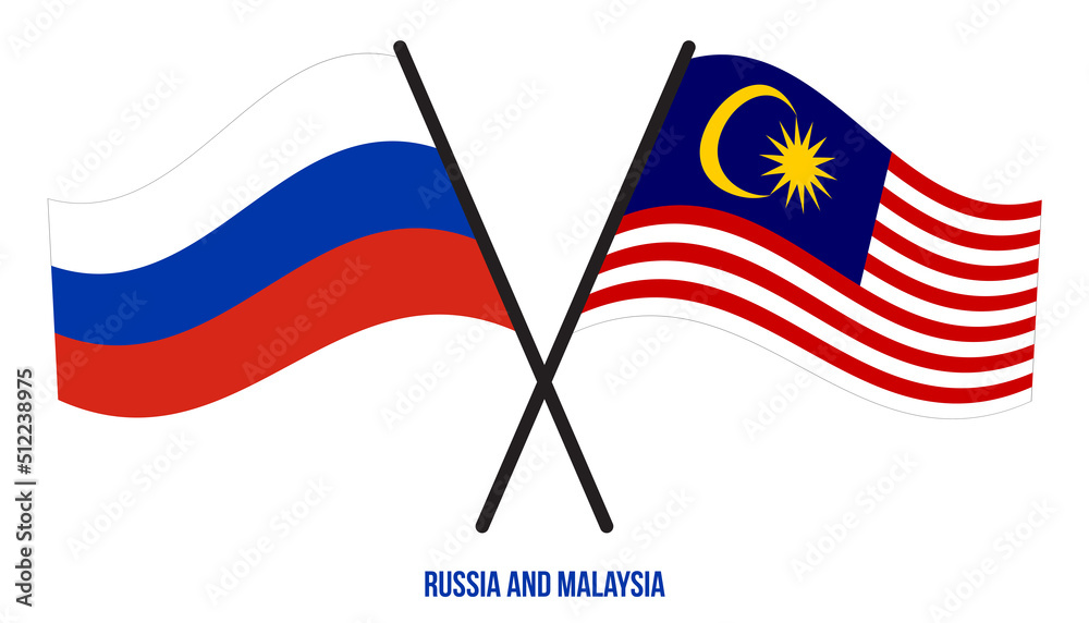 Russia and Malaysia Flags Crossed And Waving Flat Style. Official Proportion. Correct Colors.