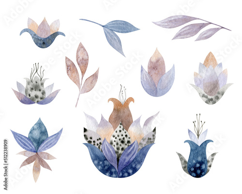 Set of isolated watercolor floral elements. Stylized flowers and leaves.