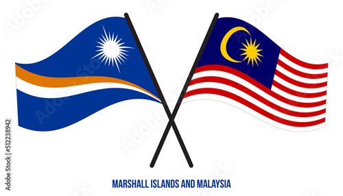Marshall Islands and Malaysia Flags Crossed & Waving Flat Style. Official Proportion. Correct Colors
