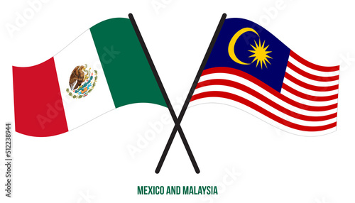 Mexico and Malaysia Flags Crossed And Waving Flat Style. Official Proportion. Correct Colors.