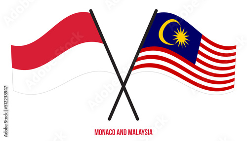 Monaco and Malaysia Flags Crossed And Waving Flat Style. Official Proportion. Correct Colors.