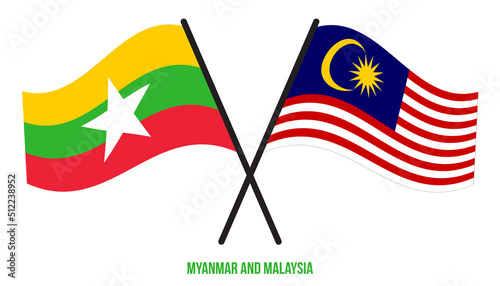 Myanmar and Malaysia Flags Crossed And Waving Flat Style. Official Proportion. Correct Colors.