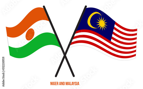 Niger and Malaysia Flags Crossed And Waving Flat Style. Official Proportion. Correct Colors.