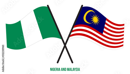 Nigeria and Malaysia Flags Crossed And Waving Flat Style. Official Proportion. Correct Colors.