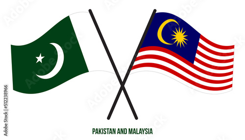 Pakistan and Malaysia Flags Crossed And Waving Flat Style. Official Proportion. Correct Colors.