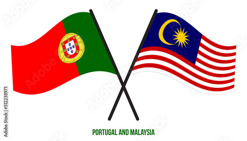 Portugal and Malaysia Flags Crossed And Waving Flat Style. Official Proportion. Correct Colors.