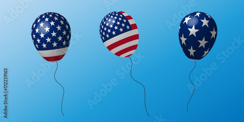 Flying balloon with American flag pattern in blue background.