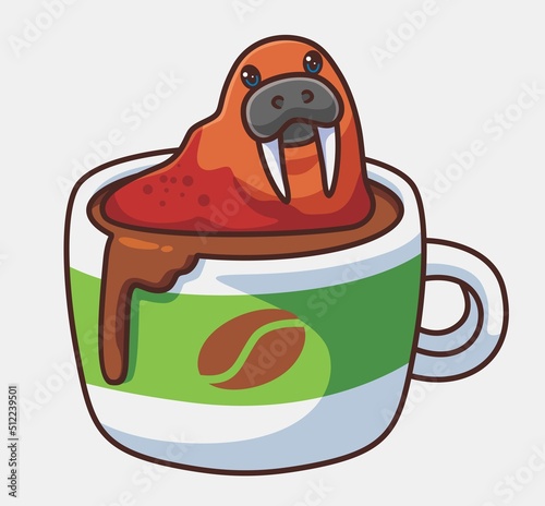 cute walrus bathing on a coffee mug. isolated cartoon animal illustration. Flat Style Sticker Icon Design Premium Logo vector. Mascot Character