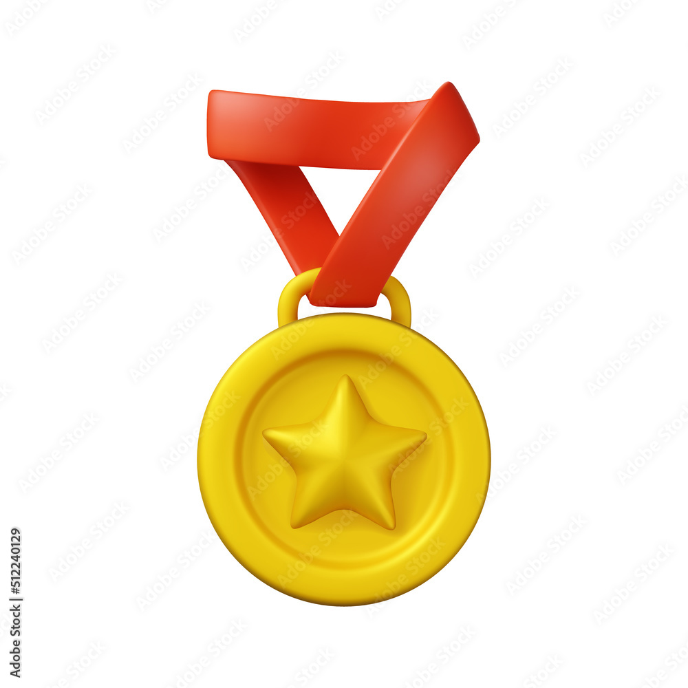 3d golden medal icon with star and red ribbon. Gold sport award for ...