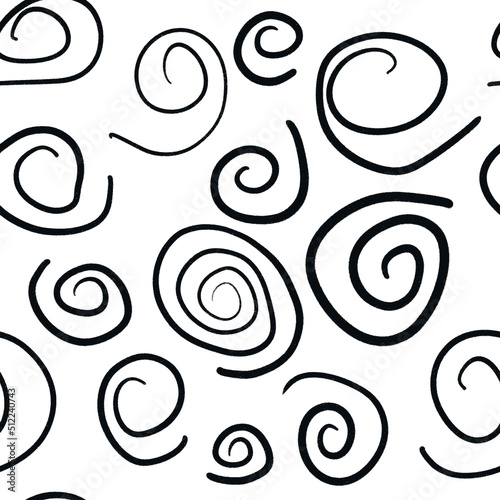 Seamless hand drawn black and white abstract pattern. Monochrome geometric lines spirals dots curves. For modern minimalist decor wrapping paper textile wallpaper.