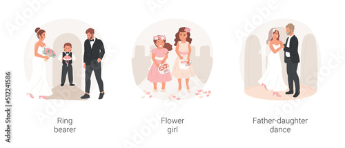 Wedding ceremony isolated cartoon vector illustration set. Ring bearer, page boy holding cushion, flower girl with basket, father-daughter dance, wedding tradition, get married vector cartoon.