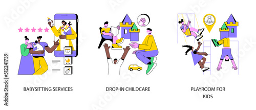 Childcare services abstract concept vector illustration set. Babysitting services, drop-in childcare, playroom for kids, indoor playground, part-time kindergarten, nanny app abstract metaphor.