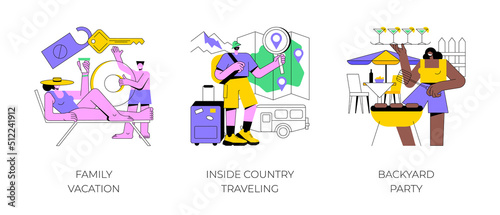 Family adventure and fun abstract concept vector illustration set. Family vacation, inside country traveling, backyard party, national park, weekend trip, friends meeting, BBQ abstract metaphor.