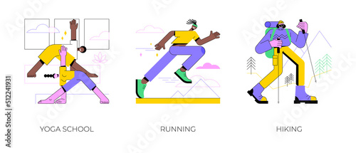 Sports lifestyle abstract concept vector illustration set. Yoga school, running and hiking, fitness studio, meditation practice, morning jogging, mountain climbing, trekking trail abstract metaphor.