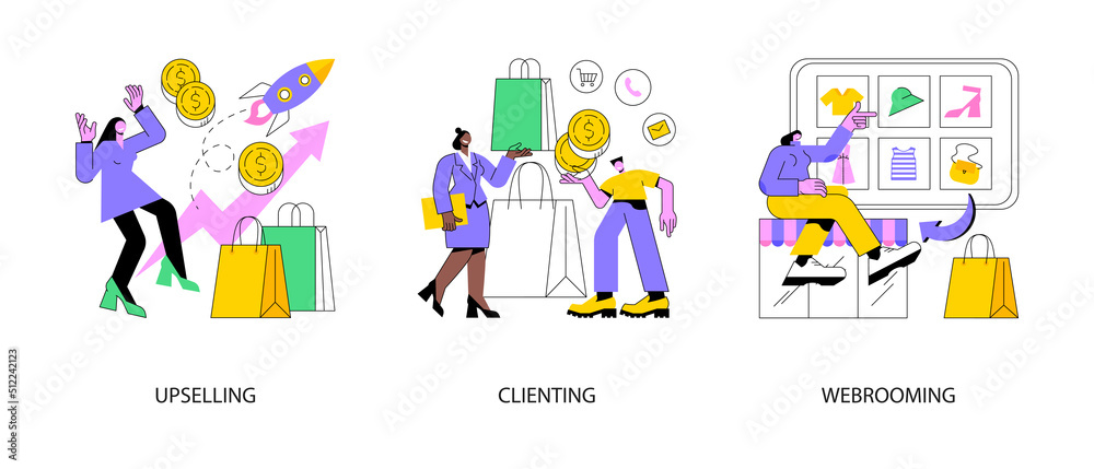 Marketing and sales abstract concept vector illustration set. Upselling and clienting, webrooming and digital goods research, customer motivation, client loyalty, e-commerce abstract metaphor.
