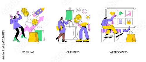 Marketing and sales abstract concept vector illustration set. Upselling and clienting, webrooming and digital goods research, customer motivation, client loyalty, e-commerce abstract metaphor.
