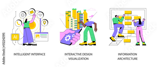 Software development abstract concept vector illustration set. Intelligent interface, interactive design visualization, information architecture, usability engineering, web design abstract metaphor.