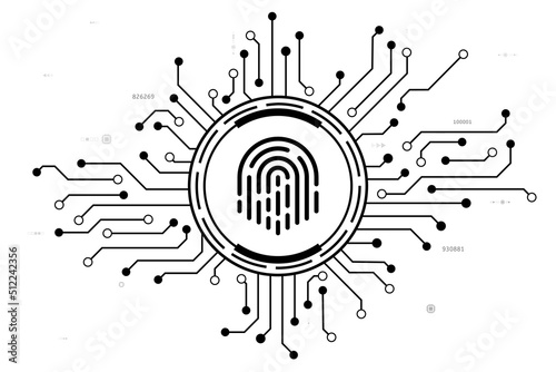 Vector cyber security circuit board with the black finger scan button for technology background