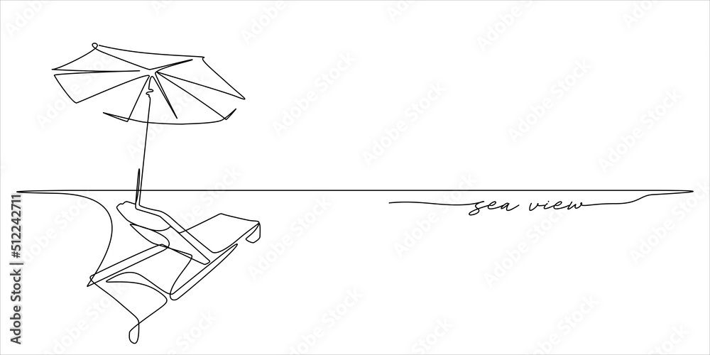 sunbathe lounger bed and umbrella beach holidays summer concept line