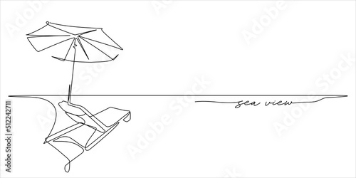 sunbathe lounger bed and umbrella beach holidays summer concept line art illustration with 'sea view' text as a water wave. Continuous line drawing and contouring style vector