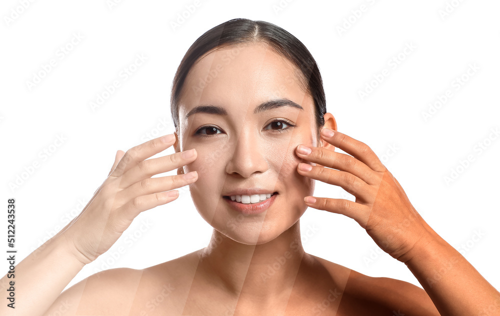 Portrait of young Asian woman with different tones of skin on white background