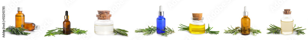 Set of bottles with healthy rosemary essential oil on white background Set of bottles with healthy rosemary essential oil on white background