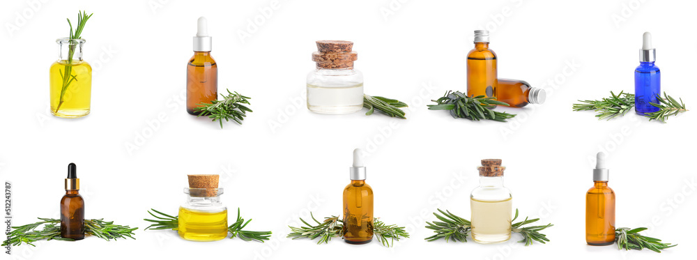Set of bottles with healthy rosemary essential oil on white background Set of bottles with healthy rosemary essential oil on white background